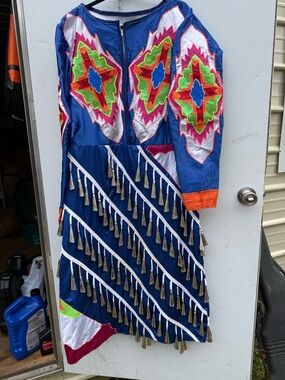 Blue Beaded Tassel Fringe Dress with Neon Geometric Panels